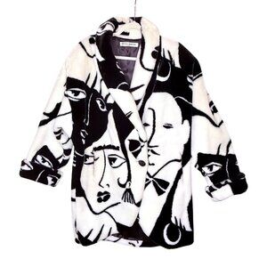 Donnybrook Abstract Face Print Faux Fur Coat 80’s Print  Pop Art Rihanna